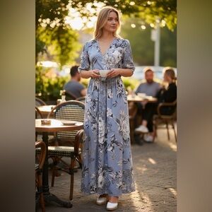 Kate & Lily Blue Floral Faux Wrap Maxi Dress Split Sleeve Size 4 Wedding Guest